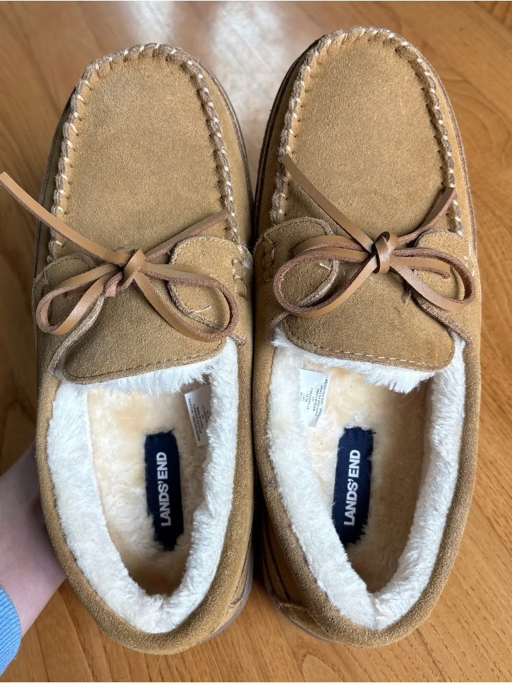 Lands End Mens Suede Moccasins Faux Fur Lined Slippers Brown English Tan Size 8M
